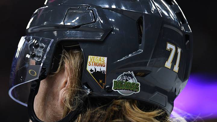 Apr 13, 2018; Las Vegas, NV, USA; The helmet of Vegas Golden Knights center William Karlsson (71) displays a Humboldt Broncos sticker as well as as Vegas Strong logo as the victims of two tragedies are remembered during game two of the first round of the 2018 Stanley Cup Playoffs against the Los Angeles Kings at T-Mobile Arena. Mandatory Credit: Stephen R. Sylvanie-USA TODAY Sports