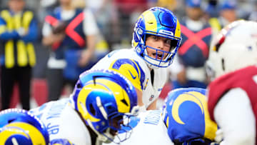Los Angeles Rams quarterback Matthew Stafford (9) against the Arizona Cardinals in the first half at State Farm Stadium on Dec 7, 2025, in Glendale, Ariz.