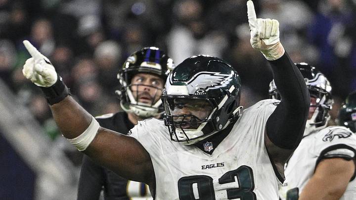 Dec 1, 2024; Baltimore, Maryland, USA;  Philadelphia Eagles defensive tackle Milton Williams (93) celebrates as Baltimore Ravens place kicker Justin Tucker (9) reacts to missing a second half field goal at M&T Bank Stadium. Mandatory Credit: Tommy Gilligan-Imagn Images