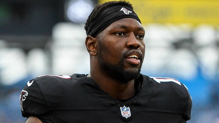 Atlanta Falcons linebacker Arnold Ebiketie (17) leaves the field during the warmups against the Tennessee Titans  at Nissan Stadium.