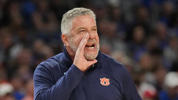 Apr 5, 2025; San Antonio, TX, USA;  Auburn Tigers head coach Bruce Pearl calls out to his players against the Florida Gators in the semifinals of the men's Final Four of the 2025 NCAA Tournament at the Alamodome. Mandatory Credit: Robert Deutsch-Imagn Images