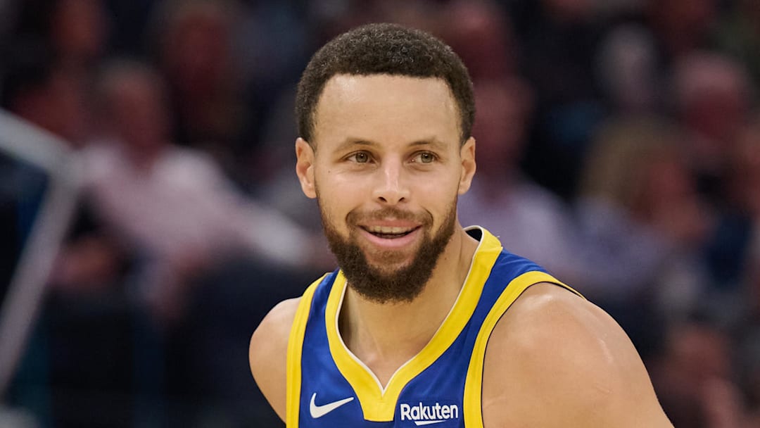 Jan 7, 2026; San Francisco, California, USA; Golden State Warriors guard Stephen Curry (30) reacts toward the Milwaukee Bucks bench during the second quarter at Chase Center. Mandatory Credit: Robert Edwards-Imagn Images