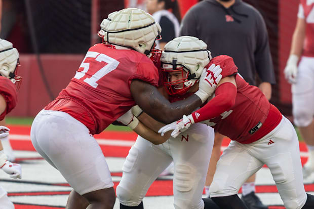 Nebraska offensive lineman Elijah Pritchett (57) will start at left tackle again after rotating at that spot during the first