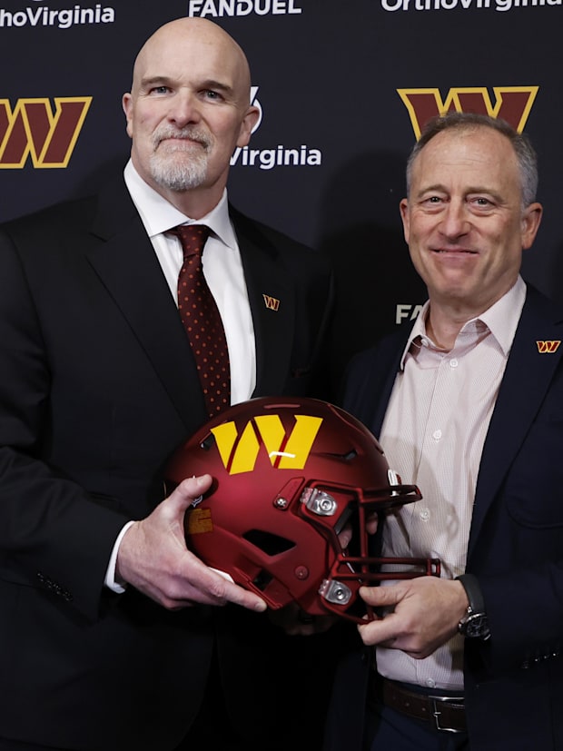 Washington Commanders head coach Dan Quinn (L) with Commanders managing partner Josh Harris (R)