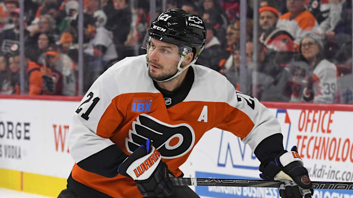Jan 27, 2025; Philadelphia, Pennsylvania, USA; Philadelphia Flyers center Scott Laughton (21) against the New Jersey Devils at Wells Fargo Center. Mandatory Credit: Eric Hartline-Imagn Images Jan 27, 2025; Philadelphia, Pennsylvania, USA; Philadelphia Flyers center Scott Laughton (21) against the New Jersey Devils at Wells Fargo Center. Mandatory Credit: Eric Hartline-Imagn Images