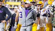 Nov 9, 2024; Baton Rouge, Louisiana, USA;  LSU Tigers head coach Brian Kelly looks on against the Alabama Crimson Tide during the second half at Tiger Stadium. Mandatory Credit: Stephen Lew-Imagn Images