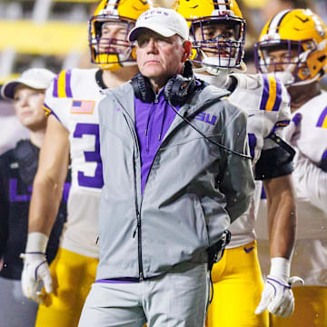 Nov 9, 2024; Baton Rouge, Louisiana, USA;  LSU Tigers head coach Brian Kelly looks on against the Alabama Crimson Tide during the second half at Tiger Stadium. Mandatory Credit: Stephen Lew-Imagn Images