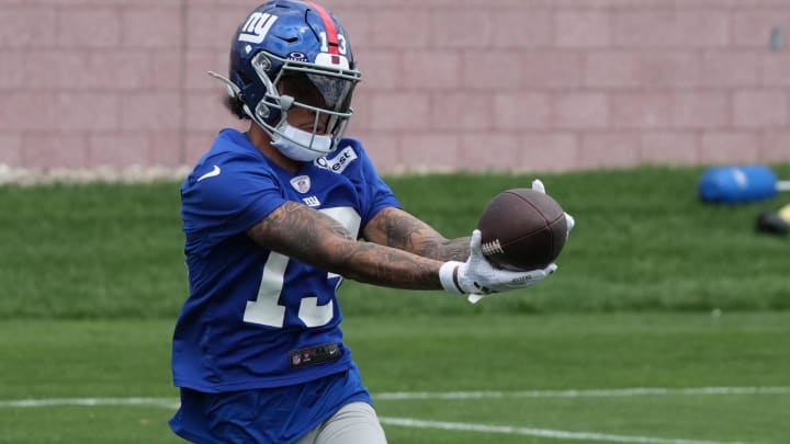 East Rutherford, NJ -- June 11, 2024 -- Wide receiver, Jalin Hyatt at the NY Giants Mandatory Minicamp at their practice facility in East Rutherford, NJ.