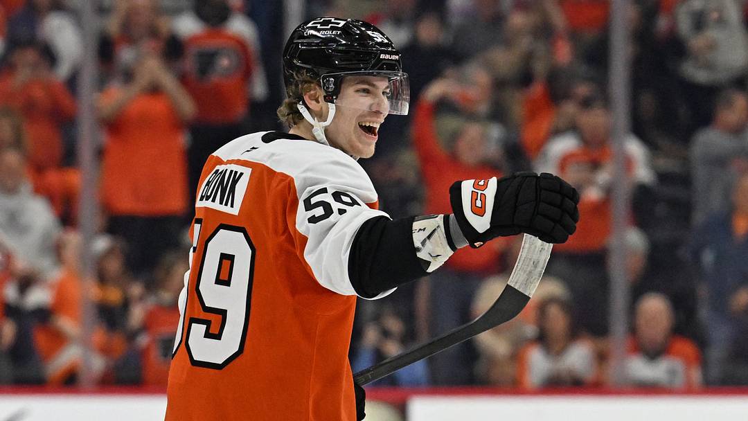 Apr 14, 2026; Philadelphia, Pennsylvania, USA; Philadelphia Flyers defenseman Oliver Bonk (59) celebrates his goal against the Montréal Canadiens during the first period at Xfinity Mobile Arena.