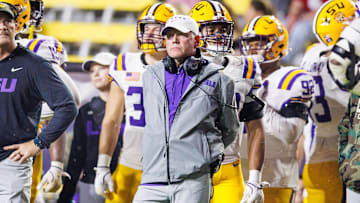 Nov 9, 2024; Baton Rouge, Louisiana, USA;  LSU Tigers head coach Brian Kelly looks on against the Alabama Crimson Tide during the second half at Tiger Stadium. Mandatory Credit: Stephen Lew-Imagn Images