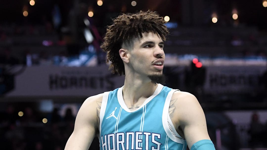 Mar 25, 2025; Charlotte, North Carolina, USA;  Charlotte Hornets guard LaMelo Ball (1) looks around after being called for a foul during the second half against the Orlando Magic at the Spectrum Center. Mandatory Credit: Sam Sharpe-Imagn Images