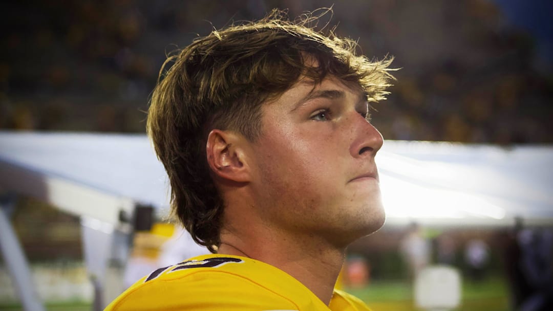Sep 21, 2024; Columbia, Missouri, USA; Missouri Tigers kicker Blake Craig (19) looks at the crowd following a win over the Vanderbilt Commodores at Faurot Field at Memorial Stadium.