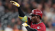 Jun 10, 2025; Phoenix, Ariz., U.S.; Arizona Diamondbacksâ€™ Geraldo Perdomo (2) celebrates his double against the Seattle Mariners at Chase Field.