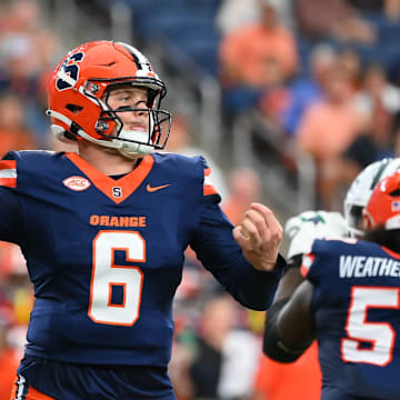 Aug 31, 2024; Syracuse, New York, USA; Syracuse Orange quarterback Kyle McCord (6) passes the ball against the Ohio Bobcats during the first half at the JMA Wireless Dome. Mandatory Credit: Rich Barnes-USA TODAY Sports