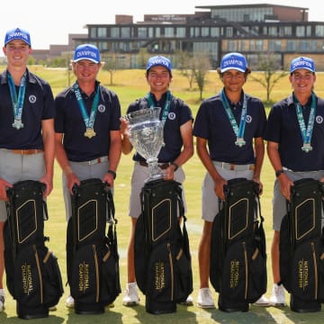 The Rivers Academy Golf Team following its victory at the Boys High School Golf National Invitational in Frisco, Texas. It was the third straight national title for the Bulldogs.