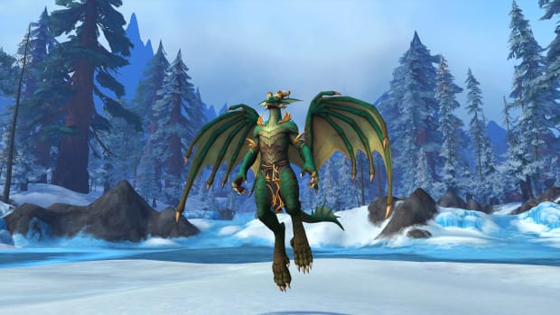 World of Warcraft Dracthyr Evoker hovering in the air.