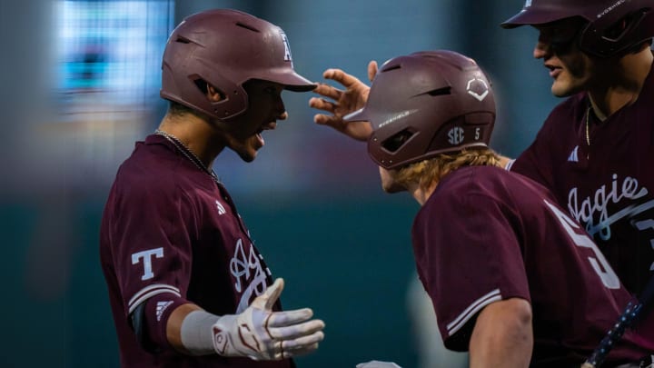 Texas A&M outfielder Braden Montgomery (6) celebrates a home run with his teammates in the first inning of the Longhorns' game against the Texas A&M Aggies at the UFCU Disch-Falk Field in Austin, Tuesday, March 5, 2024.