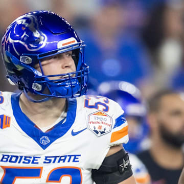 Dec 31, 2024; Glendale, AZ, USA; Boise State Broncos linebacker Marco Notarainni (53) against the Penn State Nittany Lions during the Fiesta Bowl at State Farm Stadium. Mandatory Credit: Mark J. Rebilas-Imagn Images