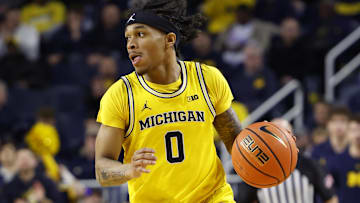 Feb 25, 2024; Ann Arbor, Michigan, USA;  Michigan Wolverines guard Dug McDaniel (0) dribbles in the