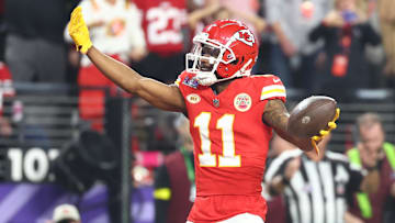 Feb 11, 2024; Paradise, Nevada, USA; Kansas City Chiefs wide receiver Marquez Valdes-Scantling (11) catches a touchdown pass against the San Francisco 49ers in the second half in Super Bowl LVIII at Allegiant Stadium. Mandatory Credit: Mark J. Rebilas-Imagn Images