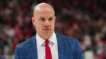 May 10, 2025; Raleigh, North Carolina, USA; Washington Capitals head coach Spencer Carbery walks off the ice after their loss to the Carolina Hurricanes in game three of the second round of the 2025 Stanley Cup Playoffs at Lenovo Center. Mandatory Credit: James Guillory-Imagn Images