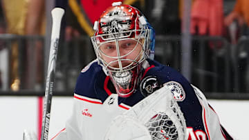 Mar 23, 2024; Las Vegas, Nevada, USA; Columbus Blue Jackets goaltender Daniil Tarasov (40) warms up before a game against the Vegas Golden Knights at T-Mobile Arena. Mandatory Credit: Stephen R. Sylvanie-Imagn Images