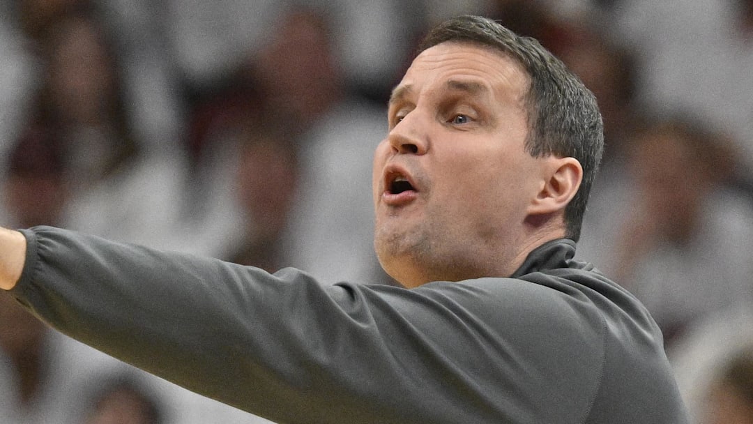 Feb 9, 2026; Louisville, Kentucky, USA;  NC State Wolfpack head coach Will Wade calls out instructions during the first half against the Louisville Cardinals at KFC Yum! Center. Louisville defeated N.C. State 118-77. Mandatory Credit: Jamie Rhodes-Imagn Images