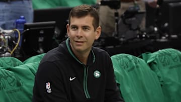 May 14, 2023; Boston, Massachusetts, USA; Boston Celtics president of basketball operations Brad Stevens looks on before game seven of the 2023 NBA playoffs between the Boston Celtics and the Philadelphia 76ers at TD Garden. Mandatory Credit: Winslow Townson-Imagn Images