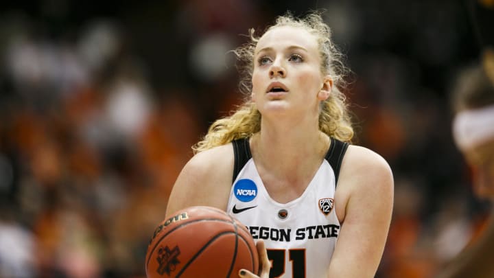 Mar 17, 2017; Corvallis, OR, USA; Oregon State Beavers center Marie Gulich (21) shoots a free throw against the Long Beach State 49ers in the first round of the 2017 NCAA Division I Women's Basketball Championship at Oregon State University. Mandatory Credit: Molly J. Smith/Statesman Journal via USA TODAY NETWORK