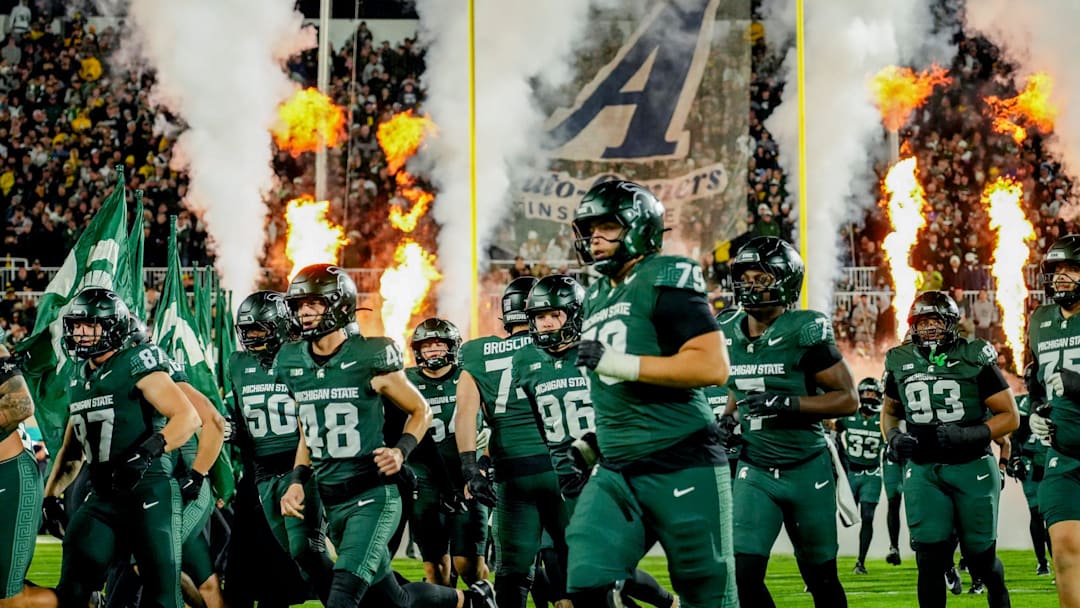 Michigan State takes the field before the game against Michigan on Saturday, Oct. 25, 2025, at Spartan Stadium in East Lansing. Michigan State takes the field before the game against Michigan on Saturday, Oct. 25, 2025, at Spartan Stadium in East Lansing.