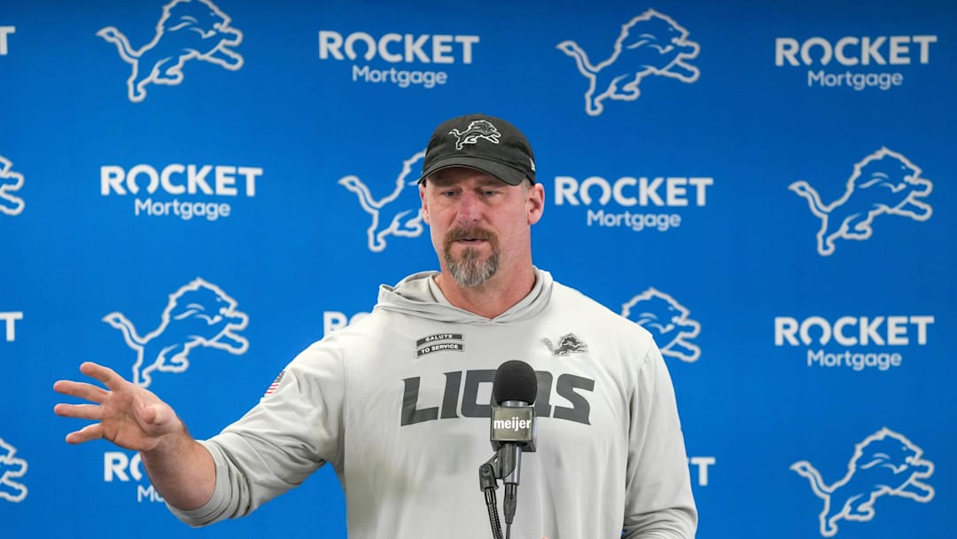 Detroit Lions head coach Dan Campbell speaks to members of the media at the Detroit Lions practice facility in Allen Park on Monday, Jan. 20, 2025, following his team’s NFC divisional playoff loss.