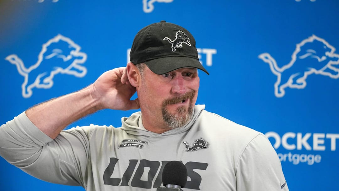 Detroit Lions head coach Dan Campbell speaks to members of the media at the Detroit Lions practice facility in Allen Park on Monday, Jan. 20, 2025, following his team’s NFC divisional playoff loss.