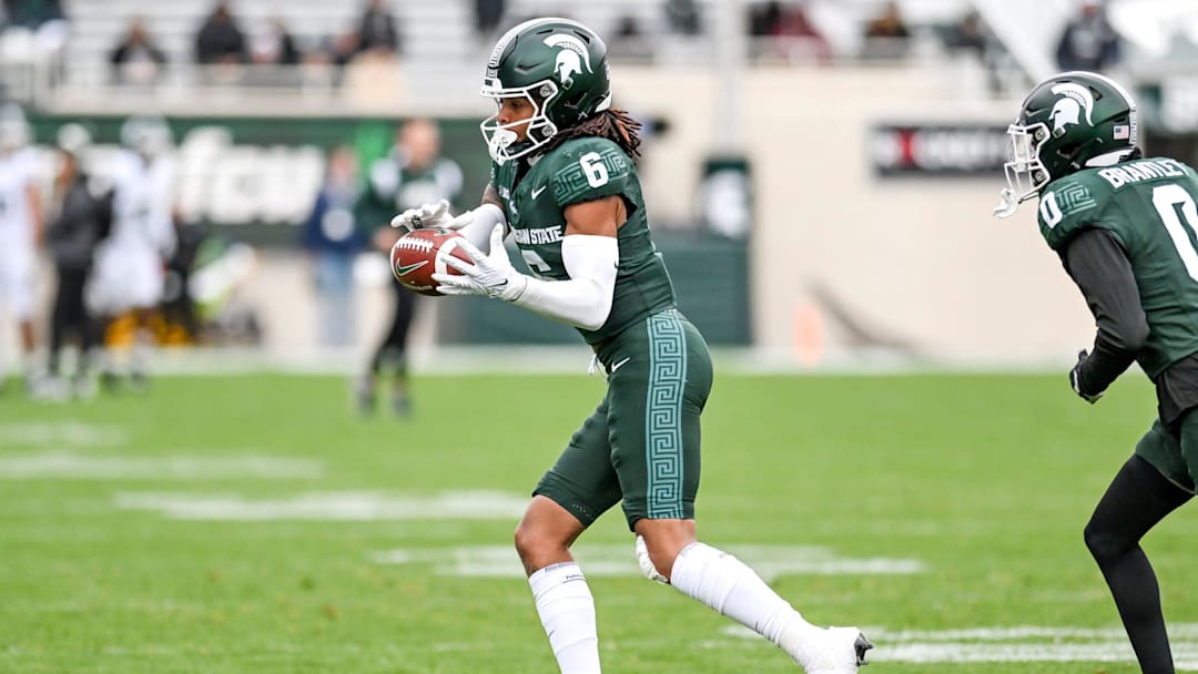 Michigan State's Ade Willie runs a drill during the Spring Showcase on Saturday, April 20, 2024, at Spartan Stadium in East Lansing.