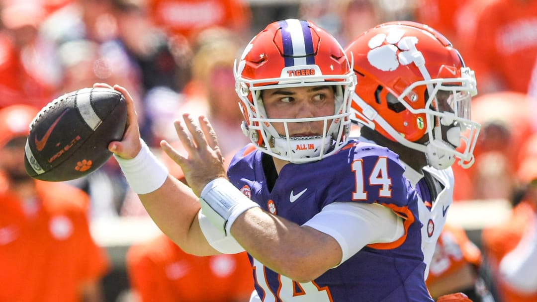 Clemson quarterback Trent Pearman (14) passes during the Spring football game in Clemson, S.C. Saturday, April 6, 2024.