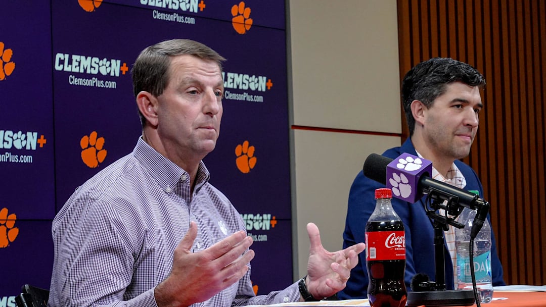 Clemson football Head Coach Dabo Swinney details events of transfer portal Luke Ferrelli and “tampering” with signed players, next to Atheletic Director Graham Neff during a press conference in the Smart Family Media Center in Clemson, SC, Friday, Jan 23 2026.