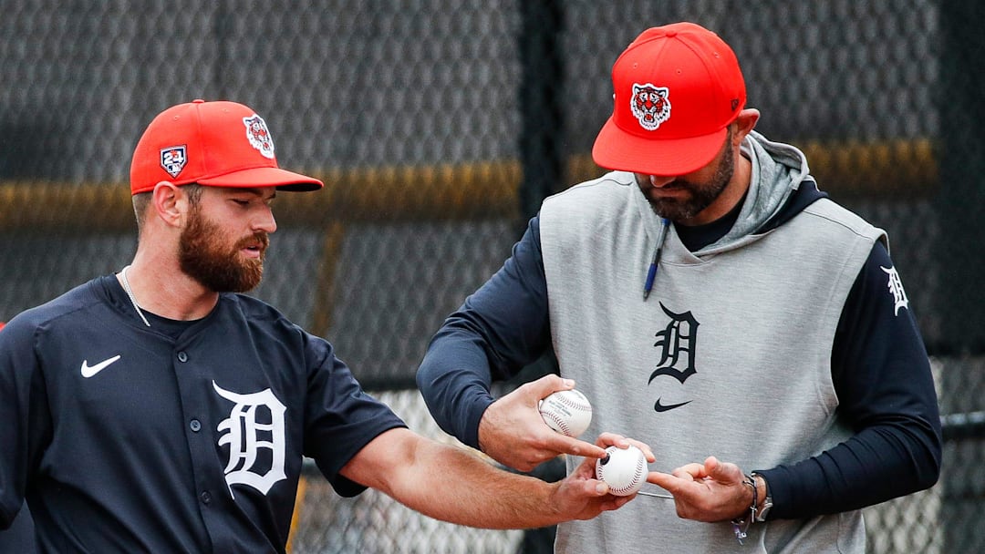Detroit Tigers director of pitching Gabe Ribas talks to pitcher Sean Guenther during spring training at TigerTown in Lakeland, Fla. on Saturday, Feb. 17, 2024. Detroit Tigers director of pitching Gabe Ribas talks to pitcher Sean Guenther during spring training at TigerTown in Lakeland, Fla. on Saturday, Feb. 17, 2024.