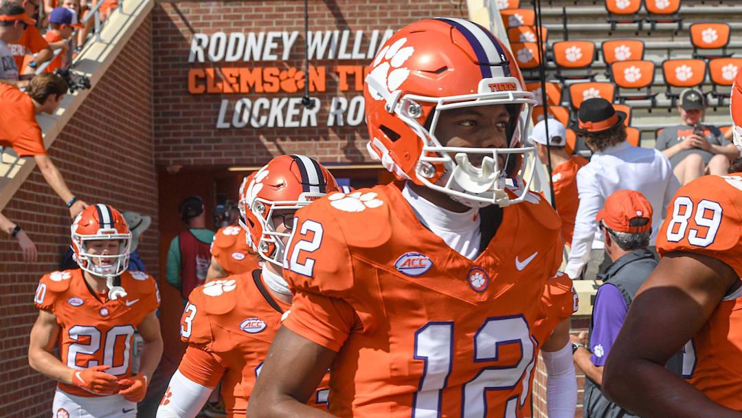 Sep 21, 2024; Clemson, South Carolina, USA; Clemson Tigers wide receiver Bryant Wesco Jr. (12) before a game against the North Carolina State Wolfpack at Memorial Stadium. Mandatory Credit: Ken Ruinard-Imagn Images