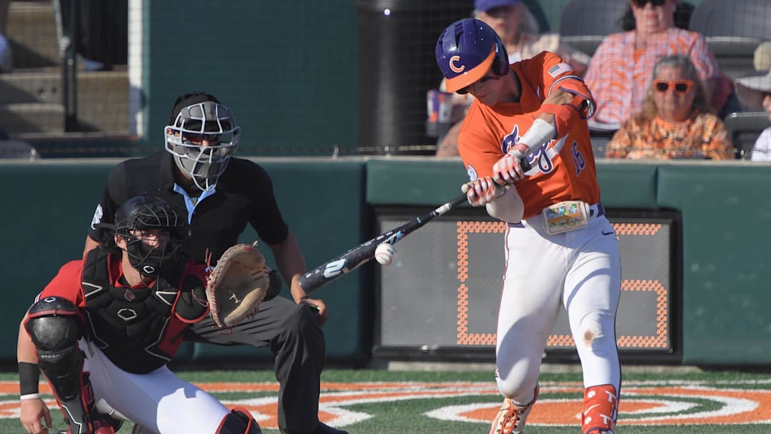 Clemson infielder Luke Gaffney (16) bats against University of Louisville during the bottom of the fifth inning at Doug Kingsmore Stadum in Clemson, S.C. Friday, April 18, 2025.