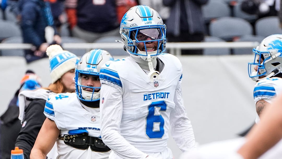 Detroit Lions safety Ifeatu Melifonwu (6) warms up before the game between Chicago Bears and Detroit Lions at Soldier Field in Chicago, Ill. on Sunday, Dec. 22, 2024. Detroit Lions safety Ifeatu Melifonwu (6) warms up before the game between Chicago Bears and Detroit Lions at Soldier Field in Chicago, Ill. on Sunday, Dec. 22, 2024.