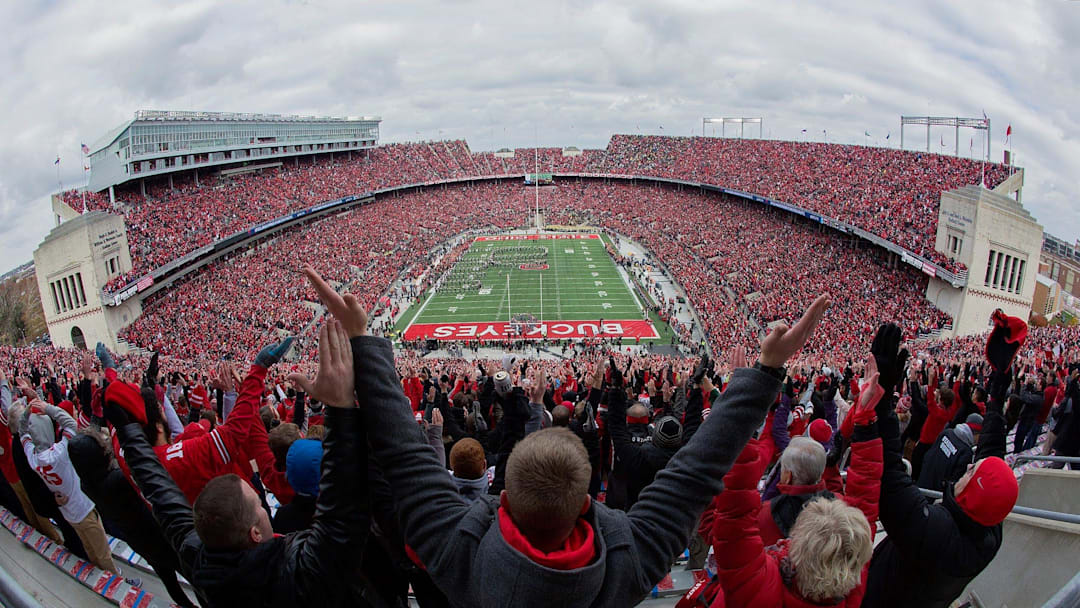 Ohio State fans cheer during Script Ohio prior to the NCAA football game against the Michigan Wolverines at Ohio Stadium in Columbus on Nov. 26, 2016.
