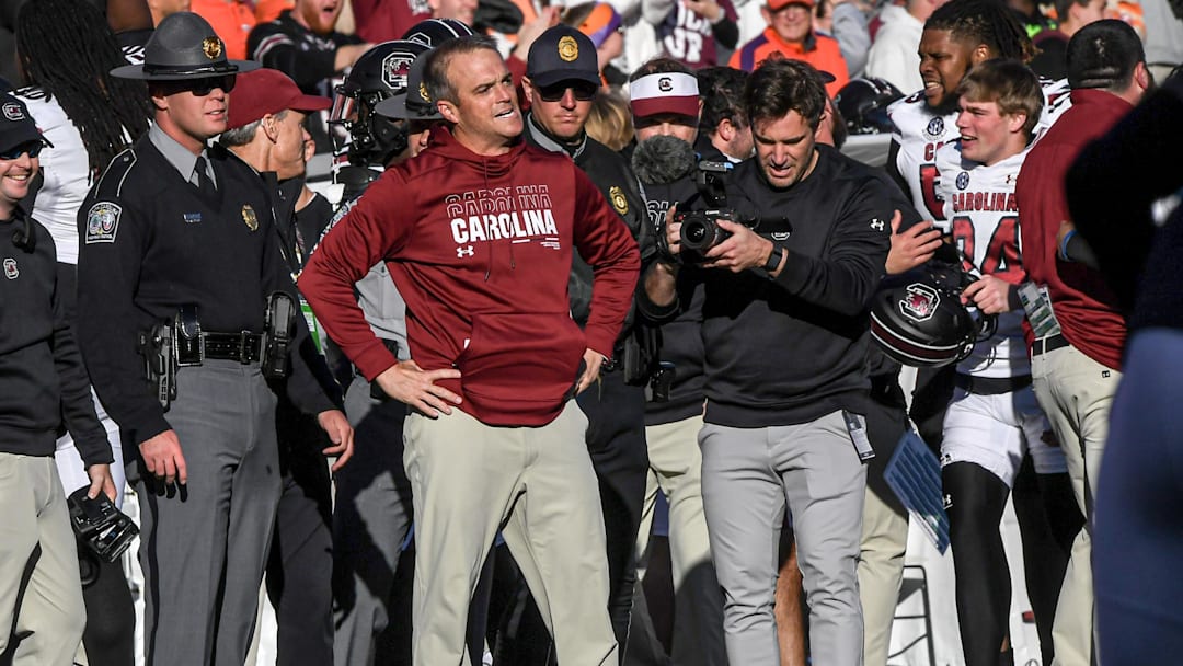 Nov 30, 2024; Clemson, South Carolina, USA; South Carolina Head Coach Shane Beamer smiles after the game against Clemson at Memorial Stadium. Mandatory Credit: Ken Ruinard-Imagn Images