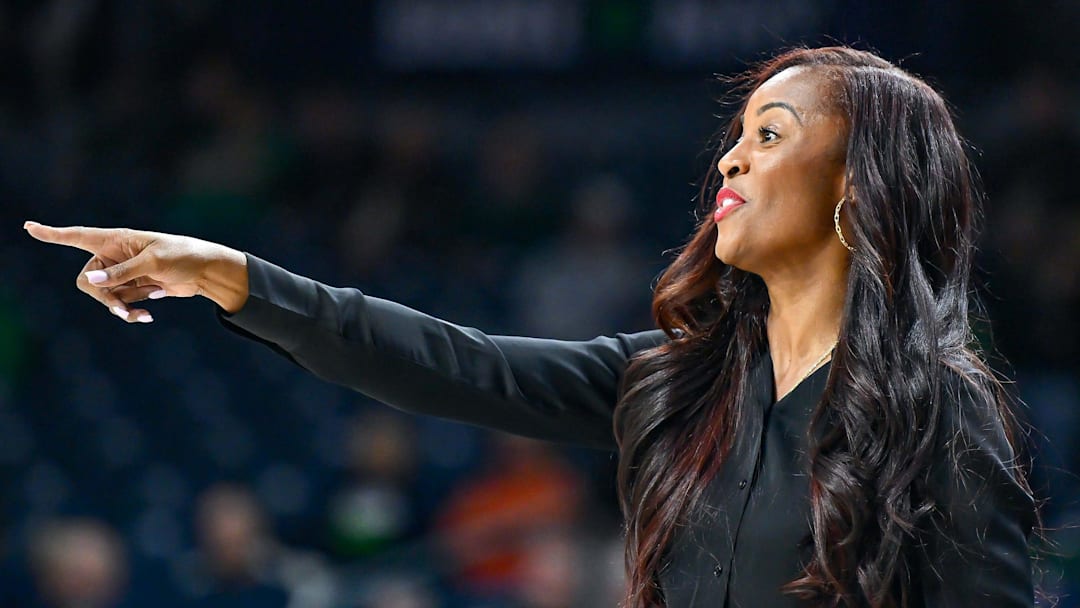 Notre Dame Fighting Irish head coach Niele Ivey signals to her players in the second half against Purdue Northwest Monday, Oct. 30, 2023, at the Purcell Pavilion.