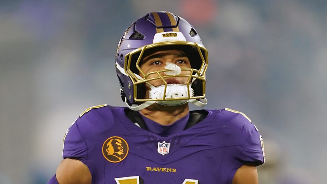 Nov 27, 2025; Baltimore, Maryland, USA; Baltimore Ravens safety Kyle Hamilton (14) during the first half at M&T Bank Stadium. Mandatory Credit: Mitch Stringer-Imagn Images