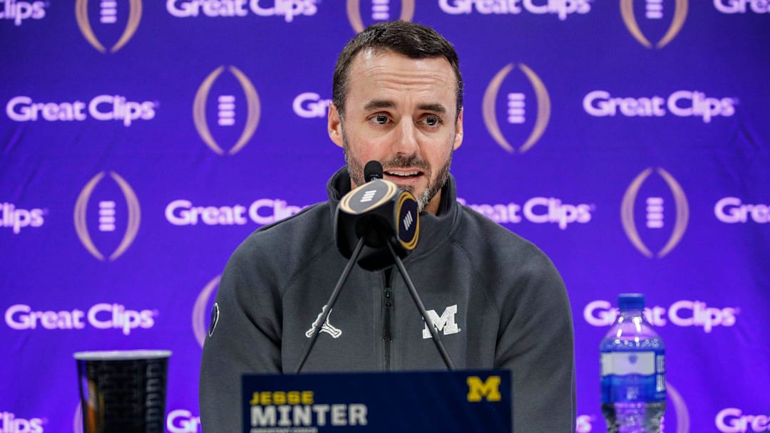 Michigan defensive coordinator Jesse Minter speaks during national championship game media day at George R. Brown Convention Center in Houston, Texas on Saturday, Jan. 6, 2024.