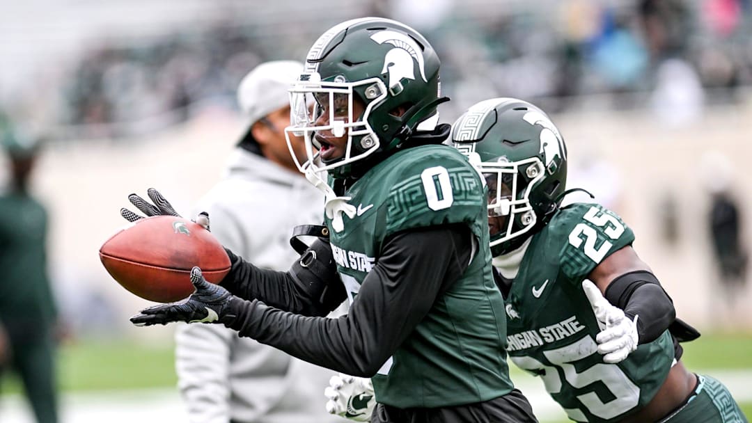 Michigan State's Charles Brantley catches a pass during a drill in the Spring Showcase on Saturday, April 20, 2024, at Spartan Stadium in East Lansing.