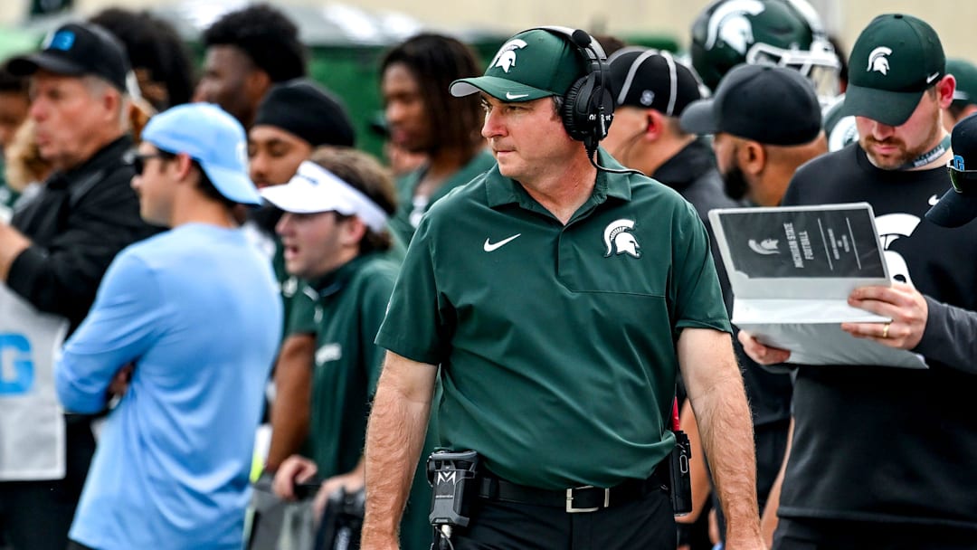 Michigan State's head coach Jonathan Smith looks on from the sideline during the second quarter in the game against Youngstown State on Saturday, Sept. 13, 2025, at Spartan Stadium in East Lansing.