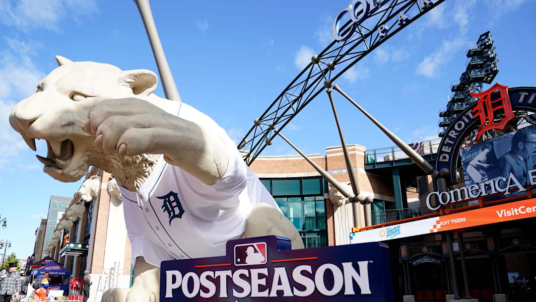 The scene outside Comerica Park for the MLB playoffs, when the Detroit Tigers face the Cleveland Guardians in Game 3 of the American League Division Series on Wednesday, Oct. 9, 2024.