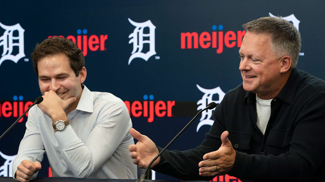 Detroit Tigers team president Scott Harris, left, and team manager A.J. Hinch speak to the press in an end of season press conference at Comerica Park on Monday, Oct. 13, 2025.