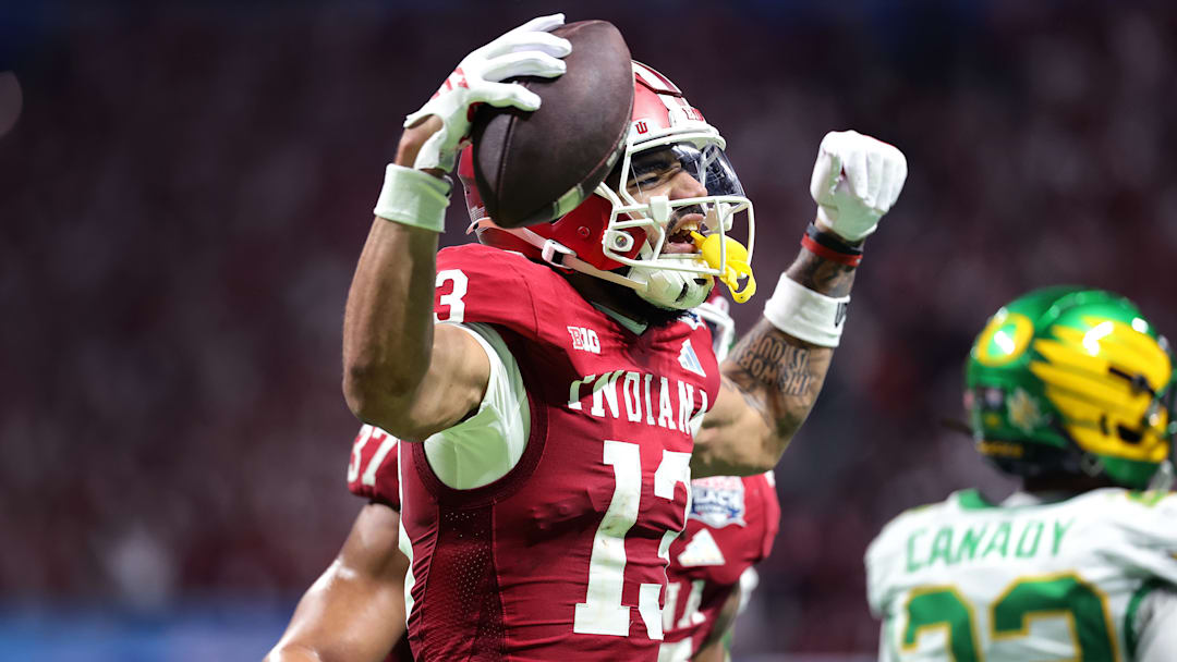 Indiana wide receiver Elijah Sarratt led the nation this season with 15 receiving touchdowns, three of which came in the College Football Playoff. 
