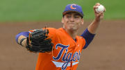 Clemson sophomore Tristan Smith (18) pitches to Georgia Tech during the top of the third inning at Doug Kingsmore Stadium in Clemson Friday, May 3, 2024.